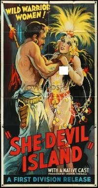 5f0177 SHE-DEVIL ISLAND 3sh 1936 art of barechested sailor strangling topless native woman, rare!