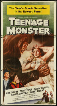 5f0180 TEENAGE MONSTER 3sh 1957 great art of wacky beast attacking sexy Anne Gwynne in bed!