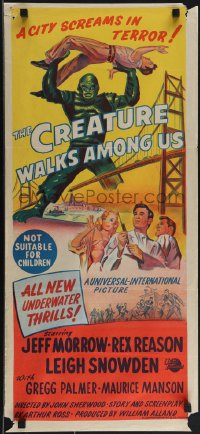 5f0189 CREATURE WALKS AMONG US Aust daybill 1956 art of monster attacking by Golden Gate Bridge!