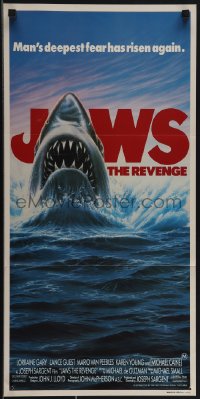 5f0195 JAWS: THE REVENGE Aust daybill 1987 great artwork of shark attacking ship, this time it's personal!