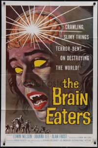 5f0670 BRAIN EATERS 1sh 1958 AIP, classic close-up sci-fi horror art of girl's brain exploding!