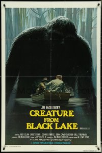 5f0703 CREATURE FROM BLACK LAKE 1sh 1976 cool art of monster looming over guys in boat by McQuarrie!