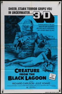 5f0704 CREATURE FROM THE BLACK LAGOON 1sh R1972 art of monster attacking sexy Julie Adams, 3-D!