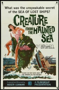 5f0705 CREATURE FROM THE HAUNTED SEA 1sh 1961 great art of monster's hand in sea grabbing sexy girl!