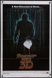 5f0787 FRIDAY THE 13th PART 3 - 3D 1sh 1982 slasher sequel, art of Jason stabbing through shower!