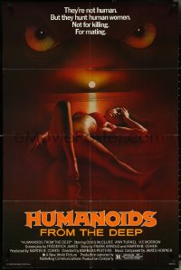5f0845 HUMANOIDS FROM THE DEEP 1sh 1980 art of monster eyes looming over sexy girl on beach!