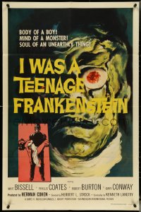 5f0854 I WAS A TEENAGE FRANKENSTEIN 1sh 1957 great art of the monster + holding sexy girl!