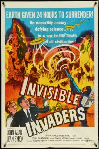5f0874 INVISIBLE INVADERS 1sh 1959 cool artwork of alien who gives Earth 24 hours to surrender!