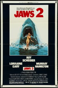 5f0887 JAWS 2 1sh 1978 great classic art of giant shark attacking girl on water skis by Lou Feck!