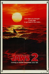 5f0889 JAWS 2 dated teaser 1sh 1978 shark's fin cutting through ocean at sunset by Jack Leynnwood!