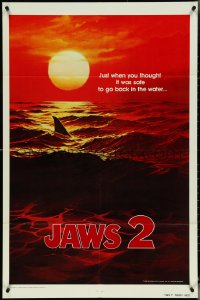 5f0890 JAWS 2 undated teaser 1sh 1978 shark's fin cutting through ocean at sunset by Jack Leynnwood!