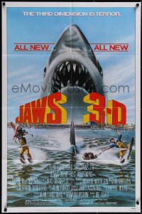 5f0891 JAWS 3-D 1sh 1983 Dennis Quaid, great Gary Meyer shark art, the third dimension is terror!