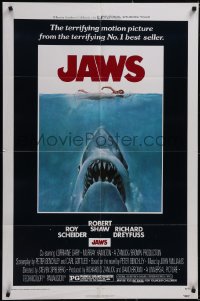 5f0884 JAWS 1sh 1975 art of Spielberg's classic man-eating shark attacking naked swimmer!
