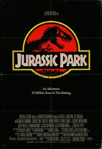 5f0898 JURASSIC PARK 1sh 1993 Steven Spielberg, classic logo with T-Rex over red background!