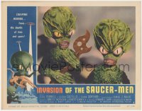 5f0325 INVASION OF THE SAUCER MEN LC #1 1957 close up of cabbage head aliens holding wacky tool!