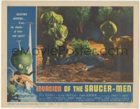 5f0327 INVASION OF THE SAUCER MEN LC #3 1957 cabbage head aliens surround unconscious man on ground!