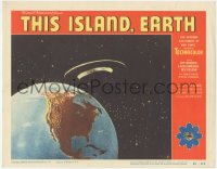 5f0412 THIS ISLAND EARTH LC #5 1955 cool image of alien flying saucer in space hovering over Earth!