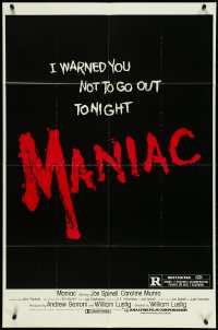 5f0940 MANIAC R-rated 1sh 1980 William Lustig's grindhouse slasher, warned not to go out tonight!