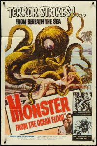 5f0950 MONSTER FROM THE OCEAN FLOOR 1sh 1954 uncensored art of octopus beast & sexy woman!