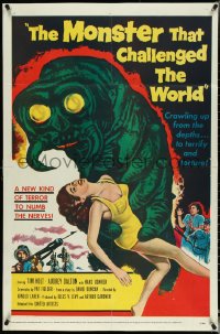 5f0952 MONSTER THAT CHALLENGED THE WORLD 1sh 1957 great art of the creature & female victim!