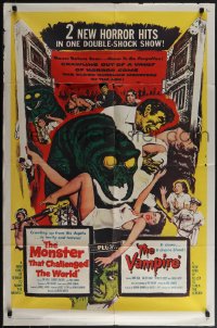 5f0953 MONSTER THAT CHALLENGED THE WORLD/VAMPIRE 1sh 1957 two horror hits in a double-shock show!