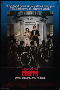 5f0975 NIGHT OF THE CREEPS 1sh 1986 great wacky art of guy and his date fighting off zombies!