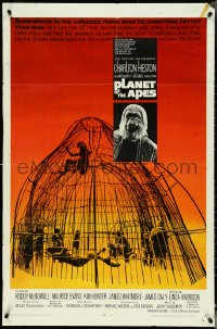 5f1000 PLANET OF THE APES 1sh 1968 Charlton Heston, classic sci-fi, cool art of caged humans!
