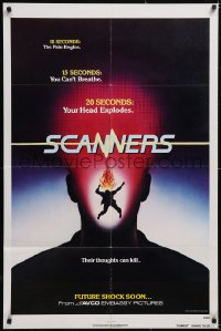5f1043 SCANNERS teaser 1sh 1981 David Cronenberg, in 20 seconds your head explodes, sci-fi!