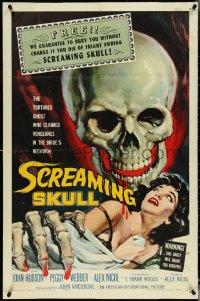 5f1045 SCREAMING SKULL 1sh 1958 great horror art of huge skull & sexy girl grabbed by skeleton hand!