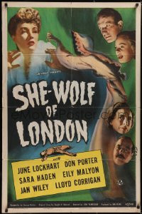 5f1052 SHE-WOLF OF LONDON 1sh 1946 cool art of spooky female hooded phantom + cast headshots!
