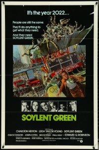 5f1065 SOYLENT GREEN 1sh 1973 Heston trying to escape riot control in the year 2022 by Solie!