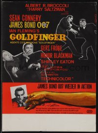 5f0015 GOLDFINGER 9x13 Swiss window card 1964 three images of Sean Connery as James Bond, different!