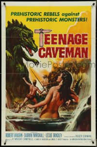5f1106 TEENAGE CAVEMAN 1sh 1958 sexy art of prehistoric rebels against prehistoric monsters!