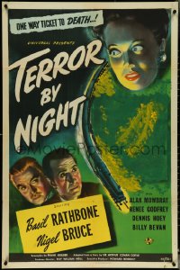5f1112 TERROR BY NIGHT 1sh 1946 Basil Rathbone is Sherlock Holmes, Nigel Bruce as Watson, cool art!