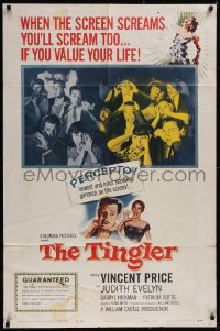 5f1128 TINGLER 1sh 1959 Vincent Price, William Castle, terrified audience, presented in Percepto!