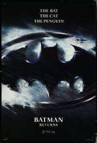 5g0687 BATMAN RETURNS teaser 1sh 1992 Burton, Keaton, The Bat, The Cat, The Penguin, logo design!