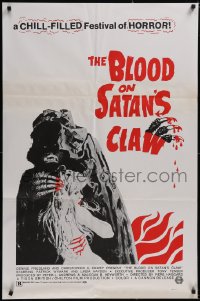5g0703 BLOOD ON SATAN'S CLAW 1sh 1971 close up artwork of sexy Linda Hayden with cloaked monster!