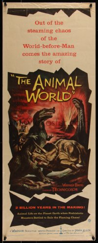 5g0012 ANIMAL WORLD insert 1956 great Rehberger artwork of prehistoric dinosaurs & erupting volcano!