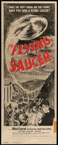 5g0063 FLYING SAUCER insert 1950 sci-fi artwork of UFOs from space & terrified people, ultra rare!
