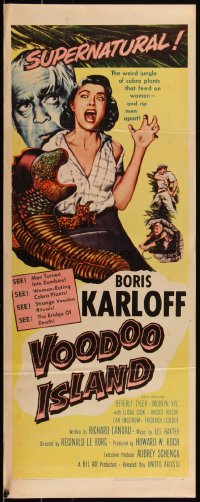 5g0160 VOODOO ISLAND insert 1957 Boris Karloff, art of woman-eating cobra plant attacking girl!