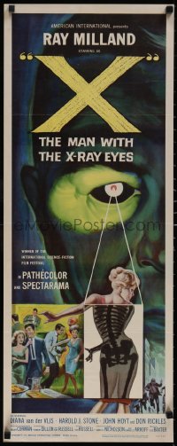 5g0166 X: THE MAN WITH THE X-RAY EYES insert 1963 Ray Milland, sci-fi art of man peeking on woman!