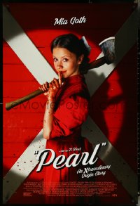 5g0928 PEARL DS 1sh 2022 great image of Mia Goth in the title role with bloody axe, Ti West!