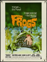 5h0288 FROGS 30x40 1972 great horror art of man-eating amphibian with human hand hanging from mouth!