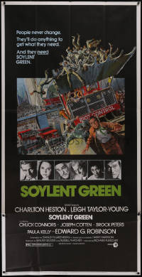 5h0027 SOYLENT GREEN 3sh 1973 art of Charlton Heston trying to escape riot control by John Solie!
