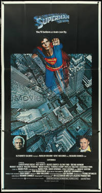 5h0028 SUPERMAN 3sh 1978 photographic image of Christopher Reeve flying over city, Hackman, Brando!