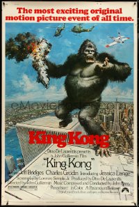 5h0237 KING KONG 40x60 1976 John Berkey art of the BIG Ape standing on the Twin Towers, very rare!