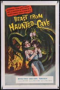 5h0446 BEAST FROM HAUNTED CAVE linen 1sh 1959 uncensored art of monster with sexy near-naked victim!