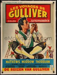 5h0561 3 WORLDS OF GULLIVER linen Belgian 1960 Ray Harryhausen classic, art of giant Kerwin Mathews!