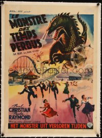 5h0578 BEAST FROM 20,000 FATHOMS signed linen Belgian 1953 by Ray Bradbury, monster crushing carnival!