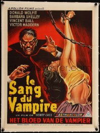 5h0587 BLOOD OF THE VAMPIRE linen Belgian 1958 where Dracula left off, art of monster & sexy girl!